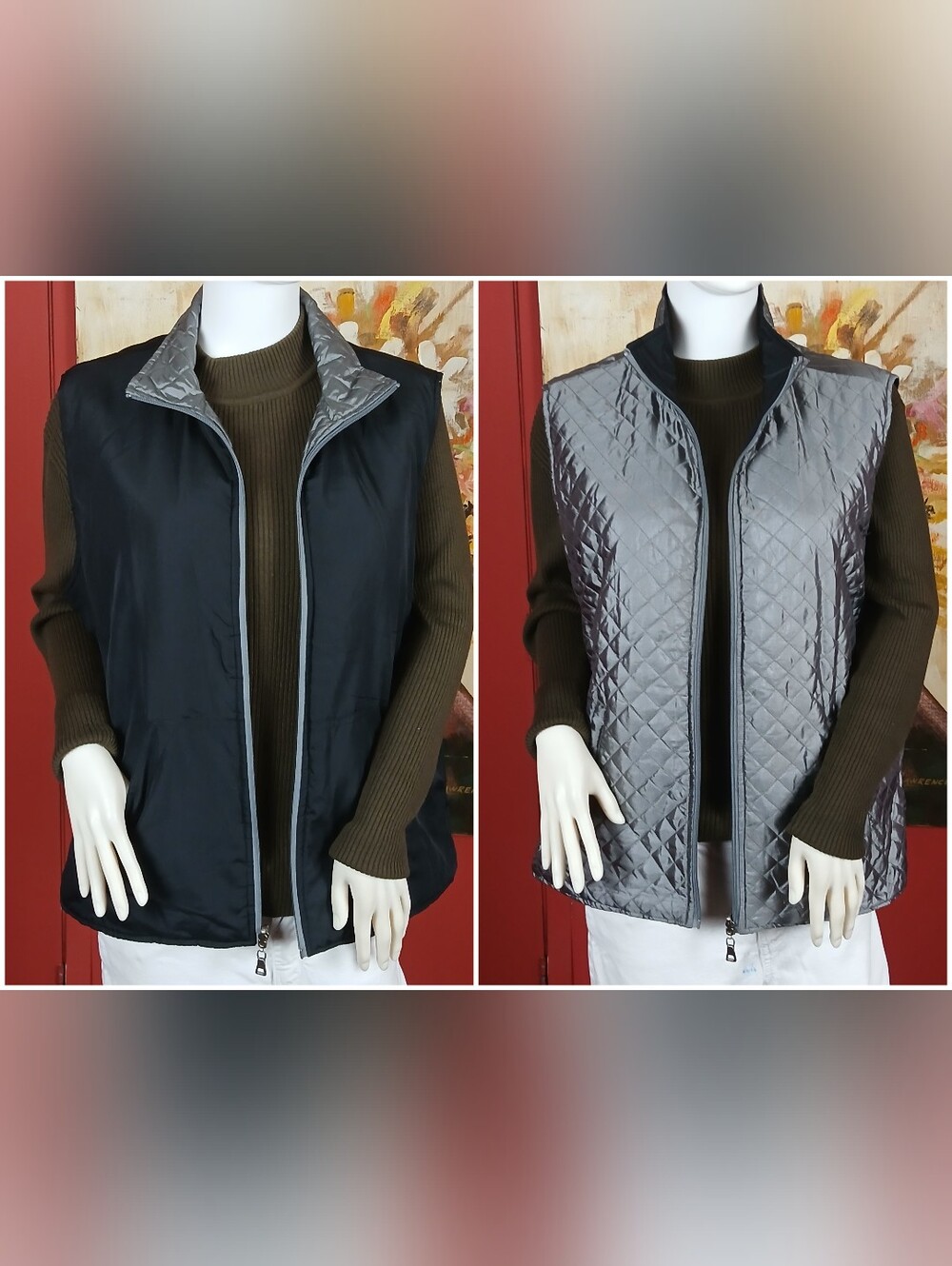 Reversible Quilted Puffer Vest Black & Shiny Grey Metallic Size XL / 1X